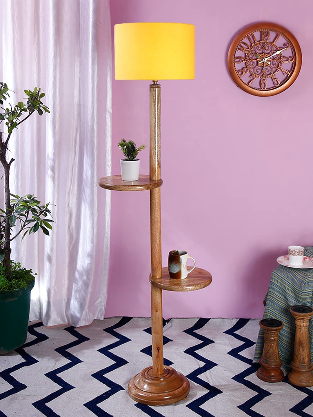 Yellow Cotton Drum Shade Wood Natural Table Floor lamp