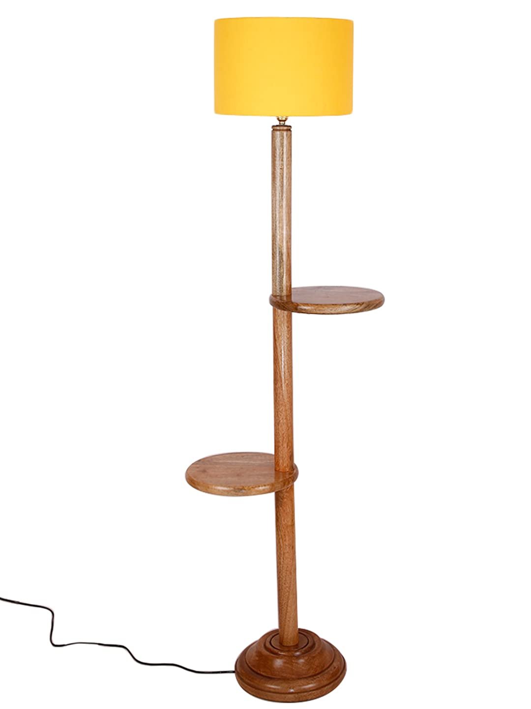 Yellow Cotton Drum Shade Wood Natural Table Floor lamp