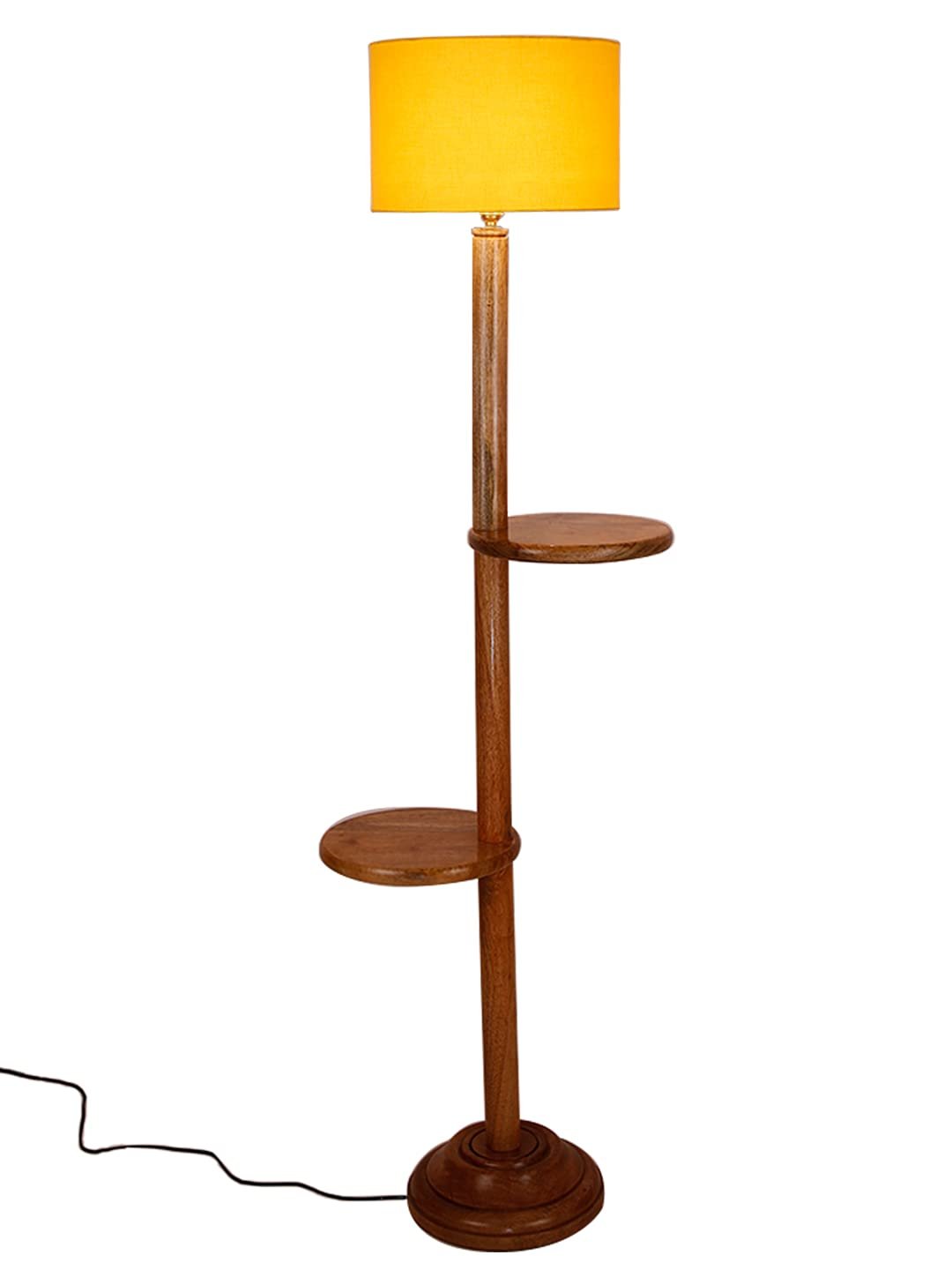 Yellow Cotton Drum Shade Wood Natural Table Floor lamp