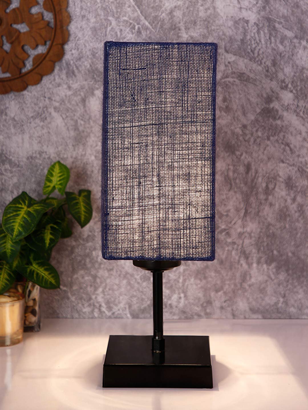 Square Blue Jute Shade Table Lamp with Iron Base