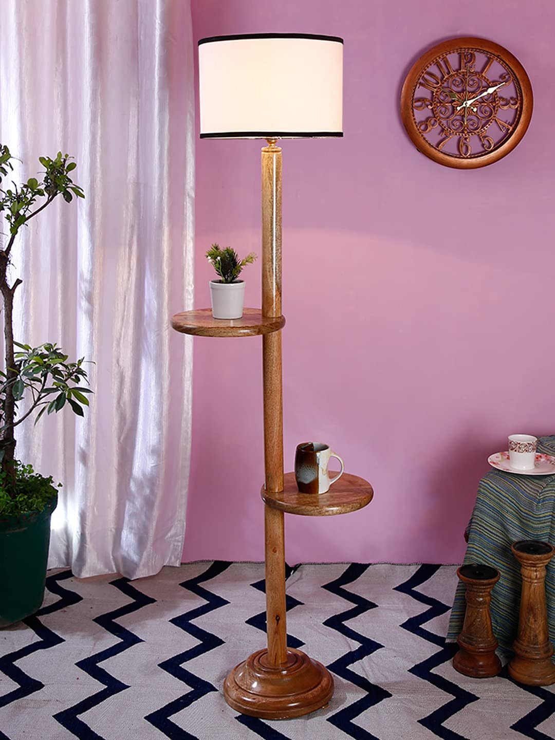 Multicolor Cotton Drum Shade Wood Natural Table Floor lamp