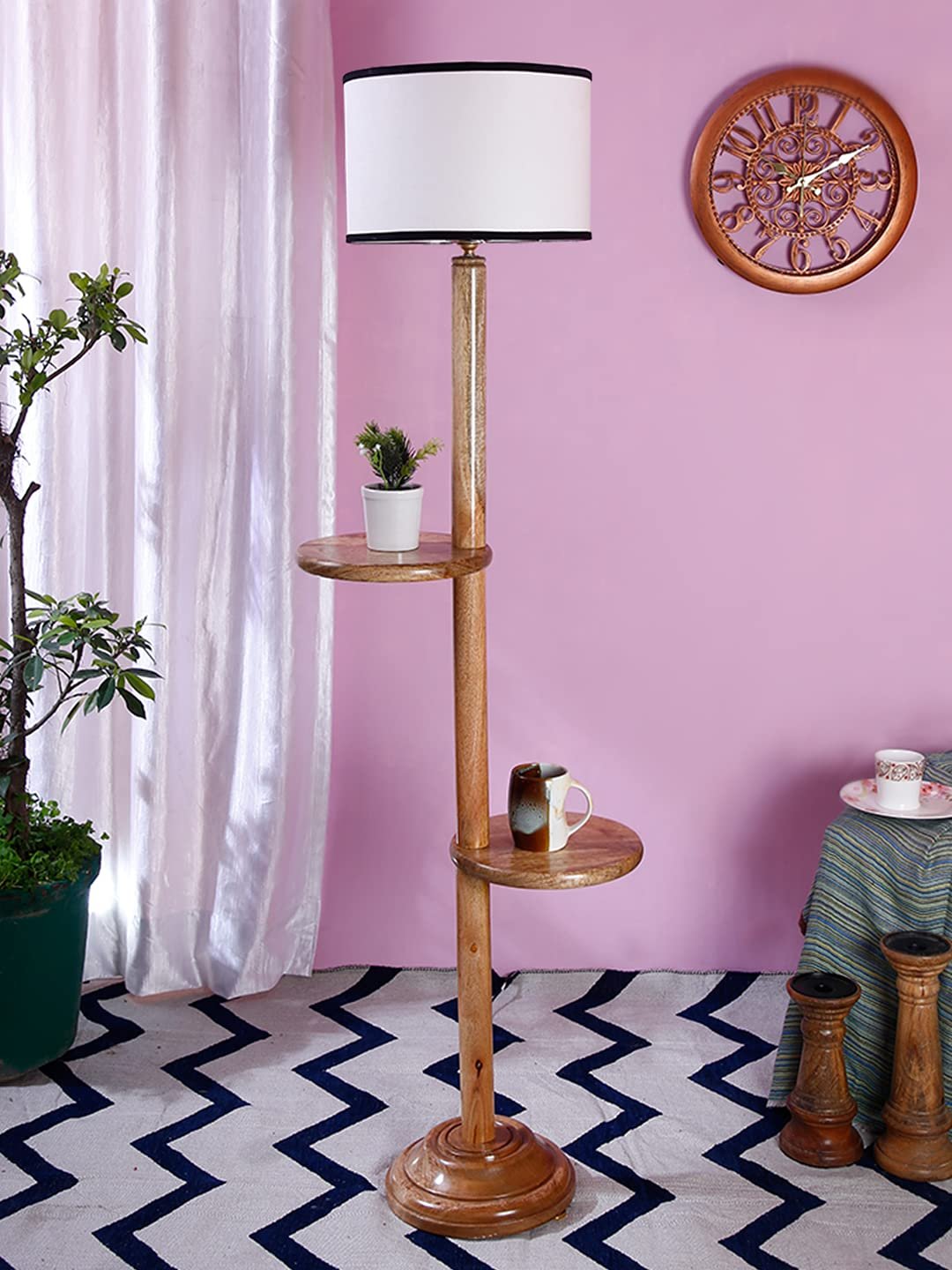 Multicolor Cotton Drum Shade Wood Natural Table Floor lamp