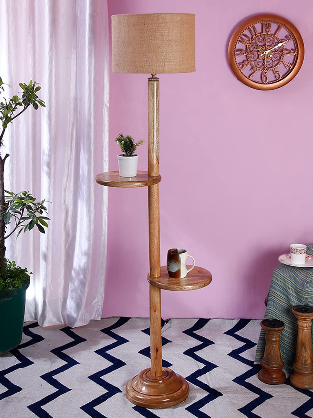 Beige Jute Drum Shade Wood Natural Table Floor lamp