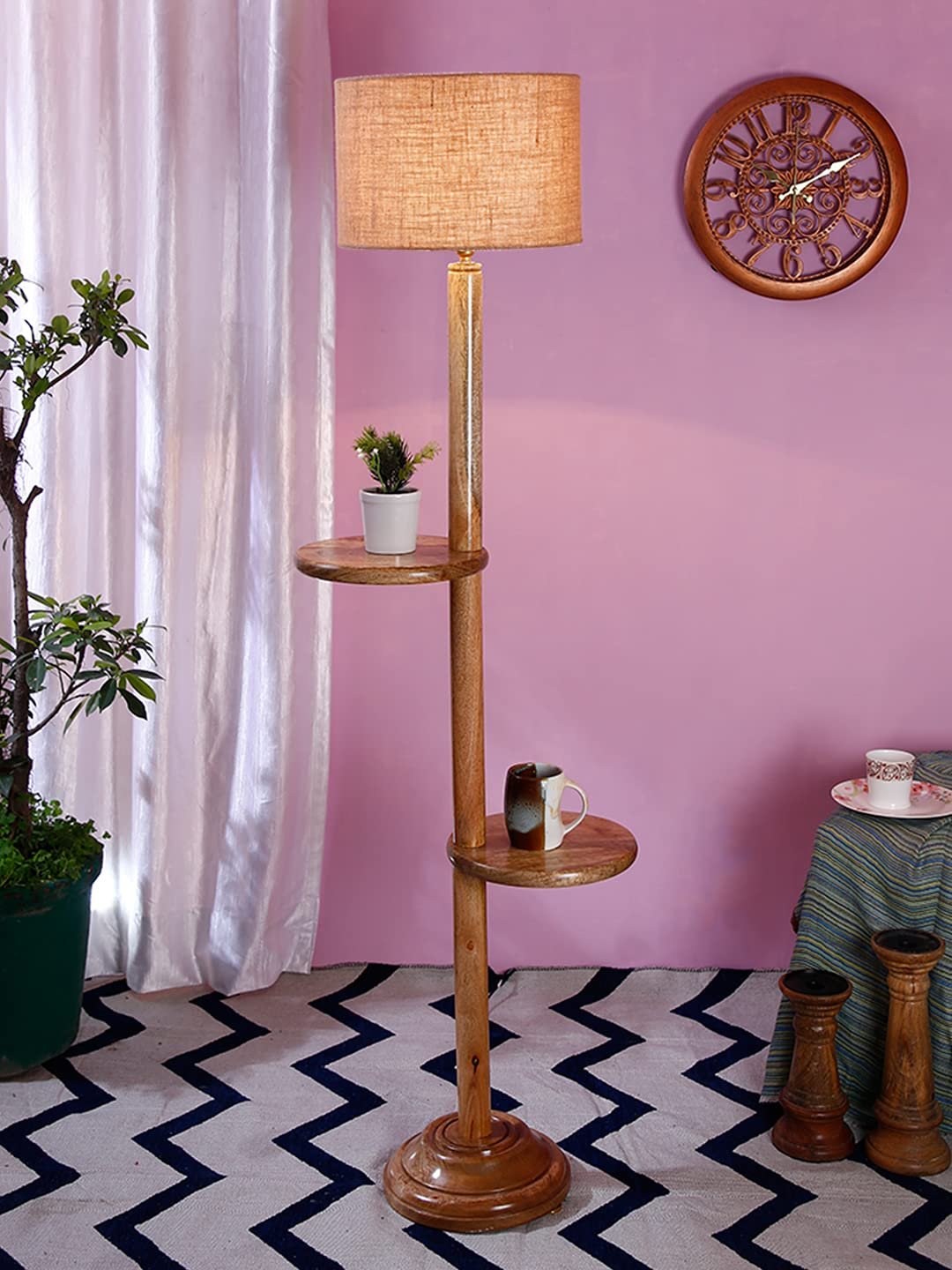Beige Jute Drum Shade Wood Natural Table Floor lamp