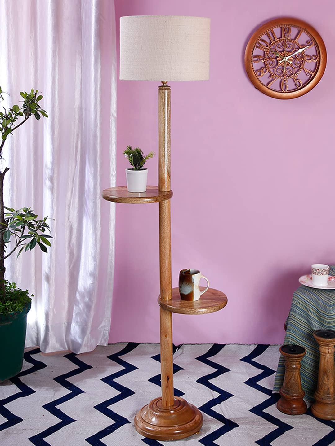 White Jute Drum Shade Wood Natural Table Floor lamp