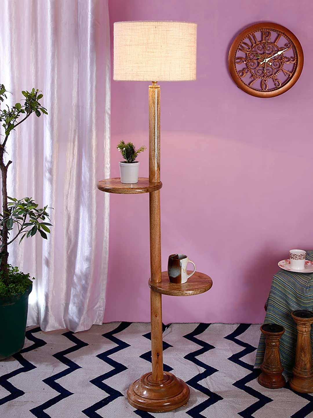 White Jute Drum Shade Wood Natural Table Floor lamp