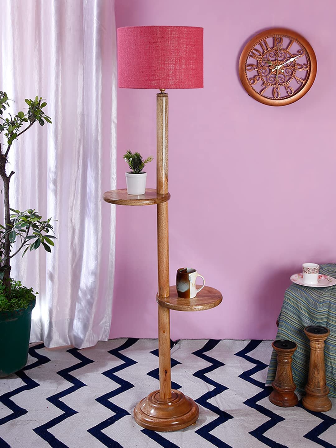 Pink Jute Drum Shade Wood Natural Table Floor lamp