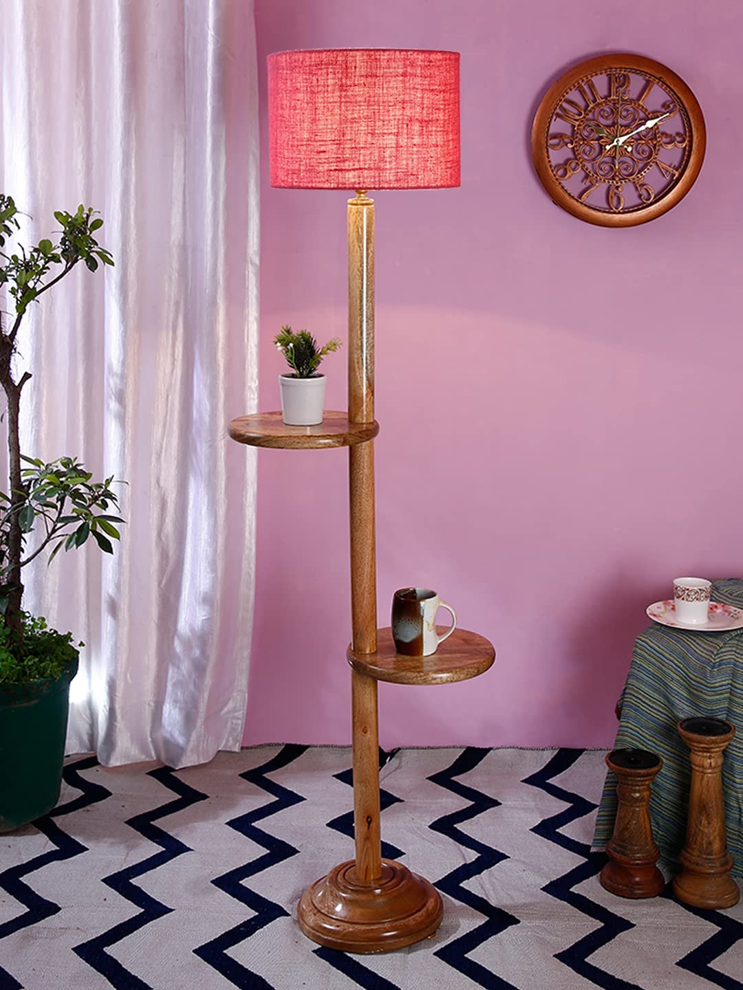 Pink Jute Drum Shade Wood Natural Table Floor lamp