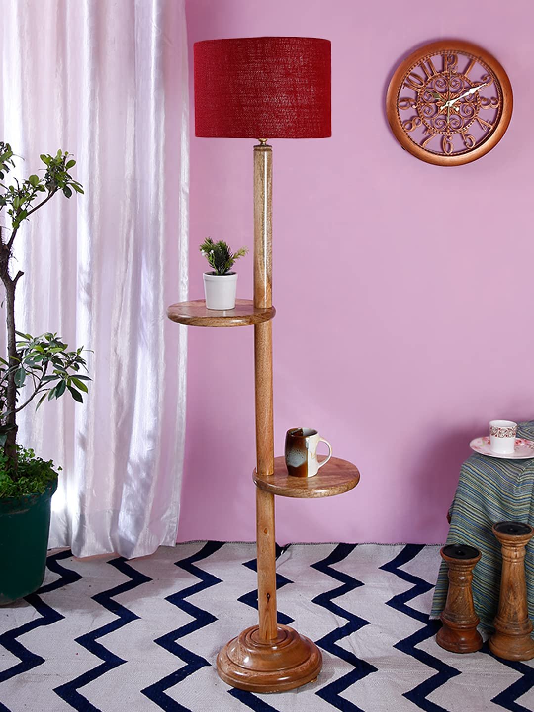 Maroon Jute Drum Shade Wood Natural Table Floor lamp