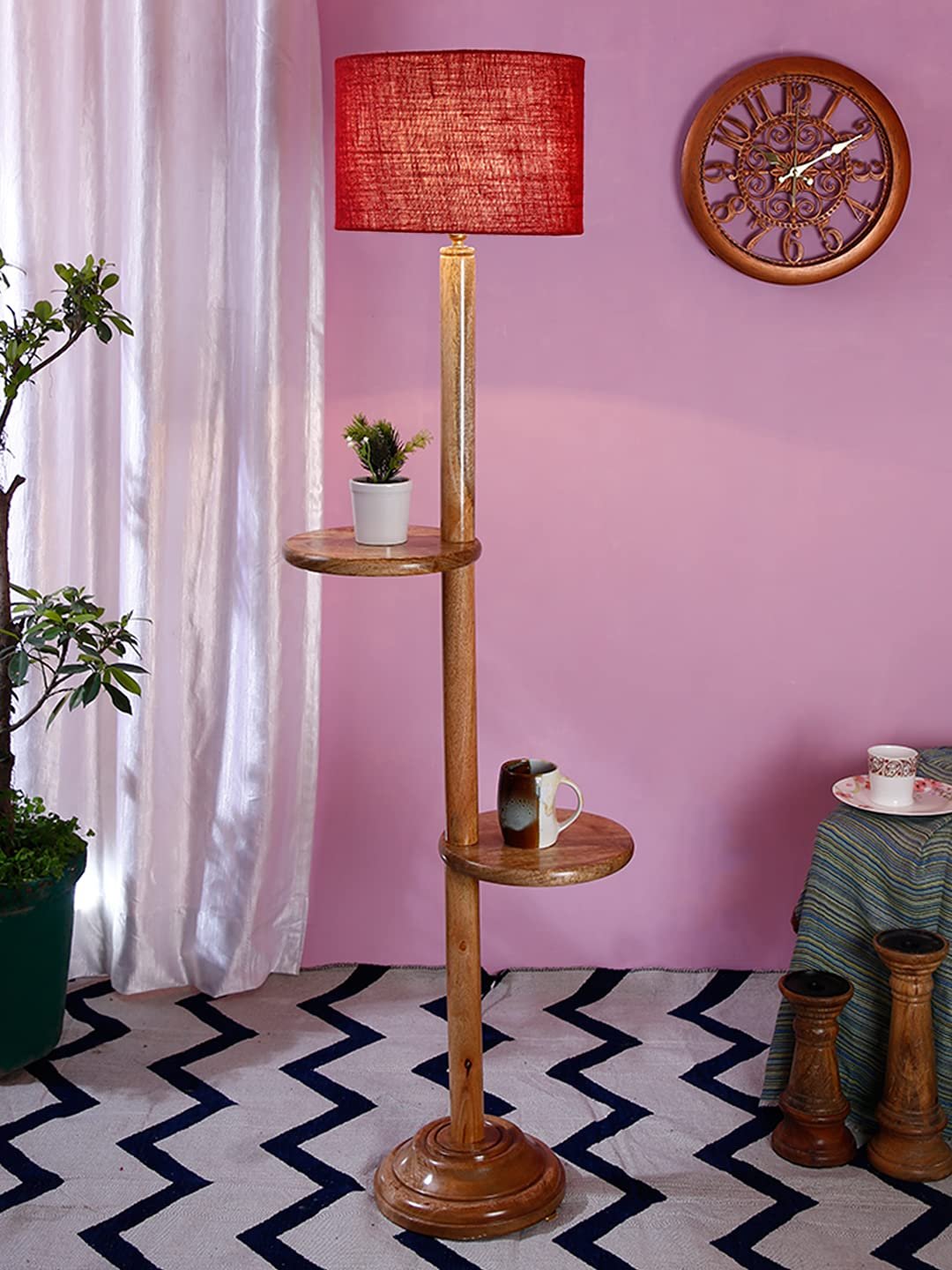 Maroon Jute Drum Shade Wood Natural Table Floor lamp