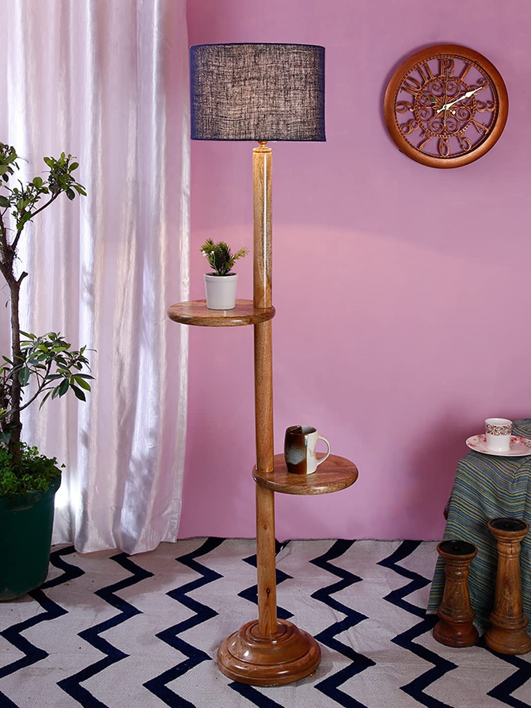 Blue Jute Drum Shade Wood Natural Table Floor lamp