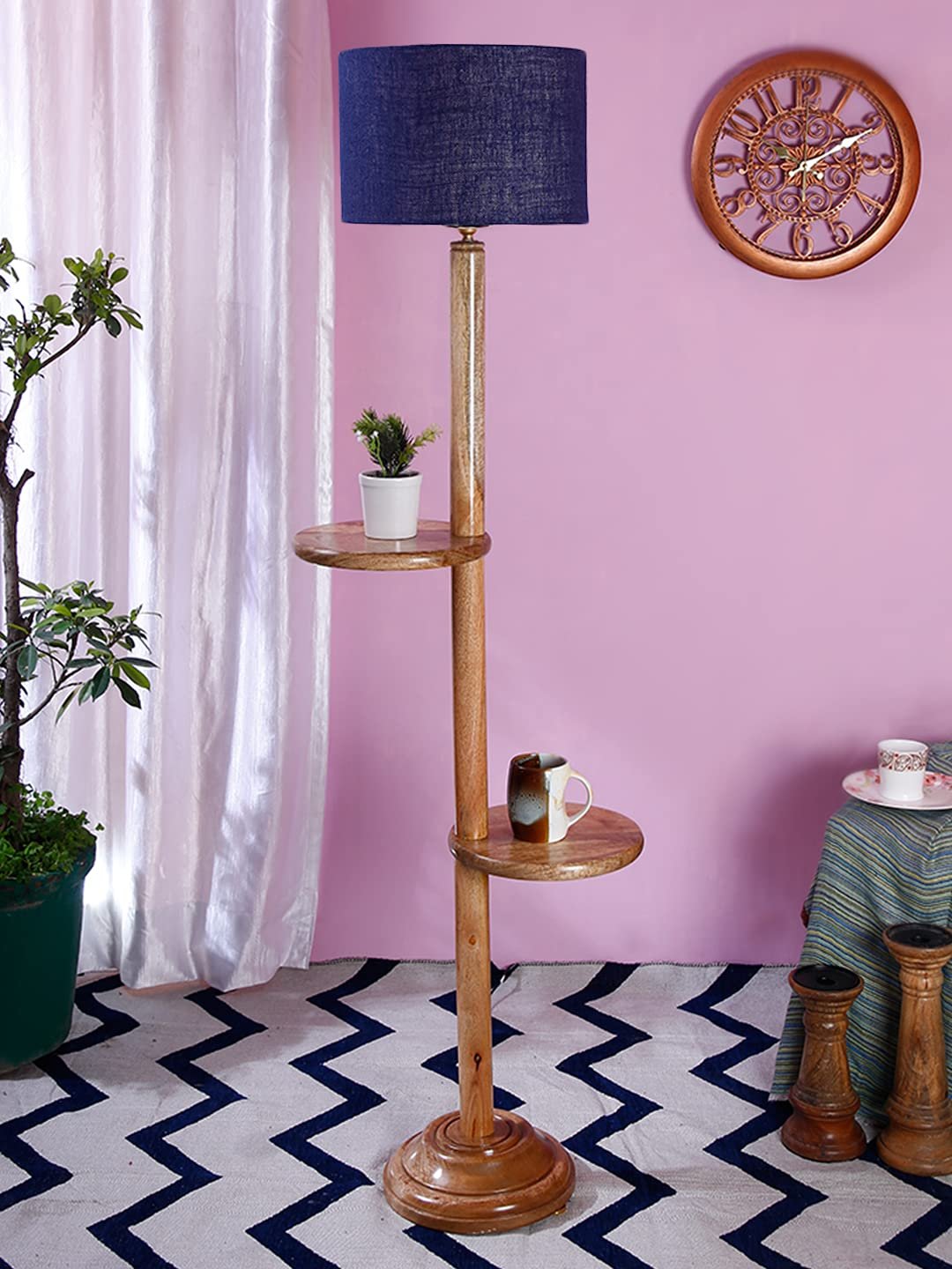 Blue Jute Drum Shade Wood Natural Table Floor lamp