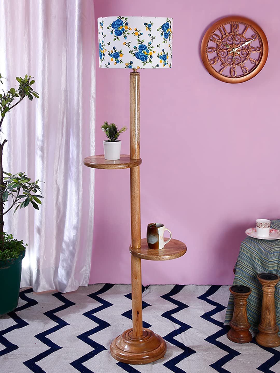 Multicolor Cotton Drum Shade Wood Natural Table Floor lamp -2