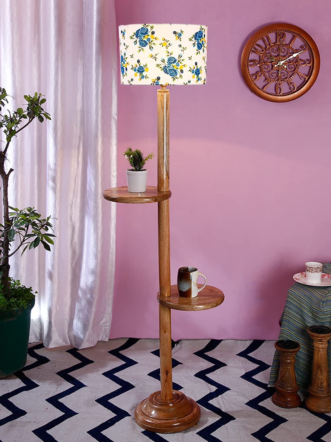 Multicolor Cotton Drum Shade Wood Natural Table Floor lamp -2