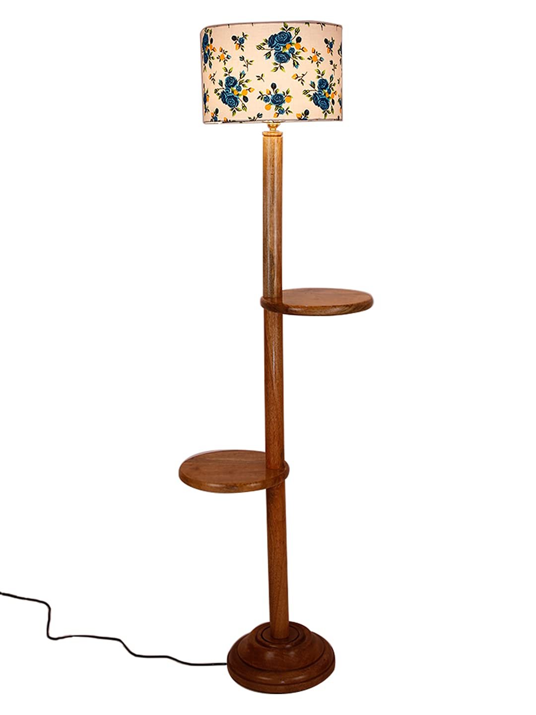 Multicolor Cotton Drum Shade Wood Natural Table Floor lamp -2