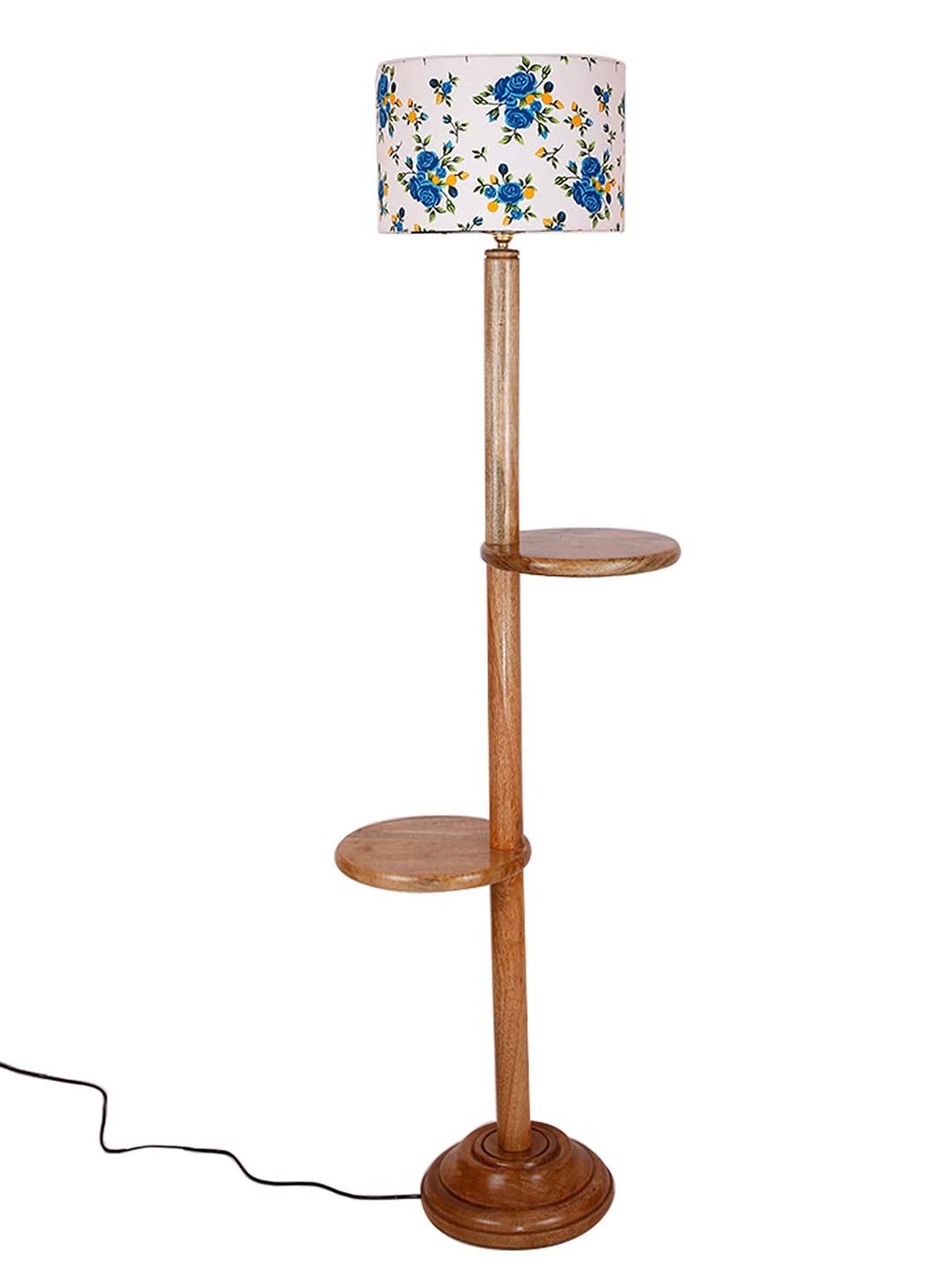 Multicolor Cotton Drum Shade Wood Natural Table Floor lamp -2