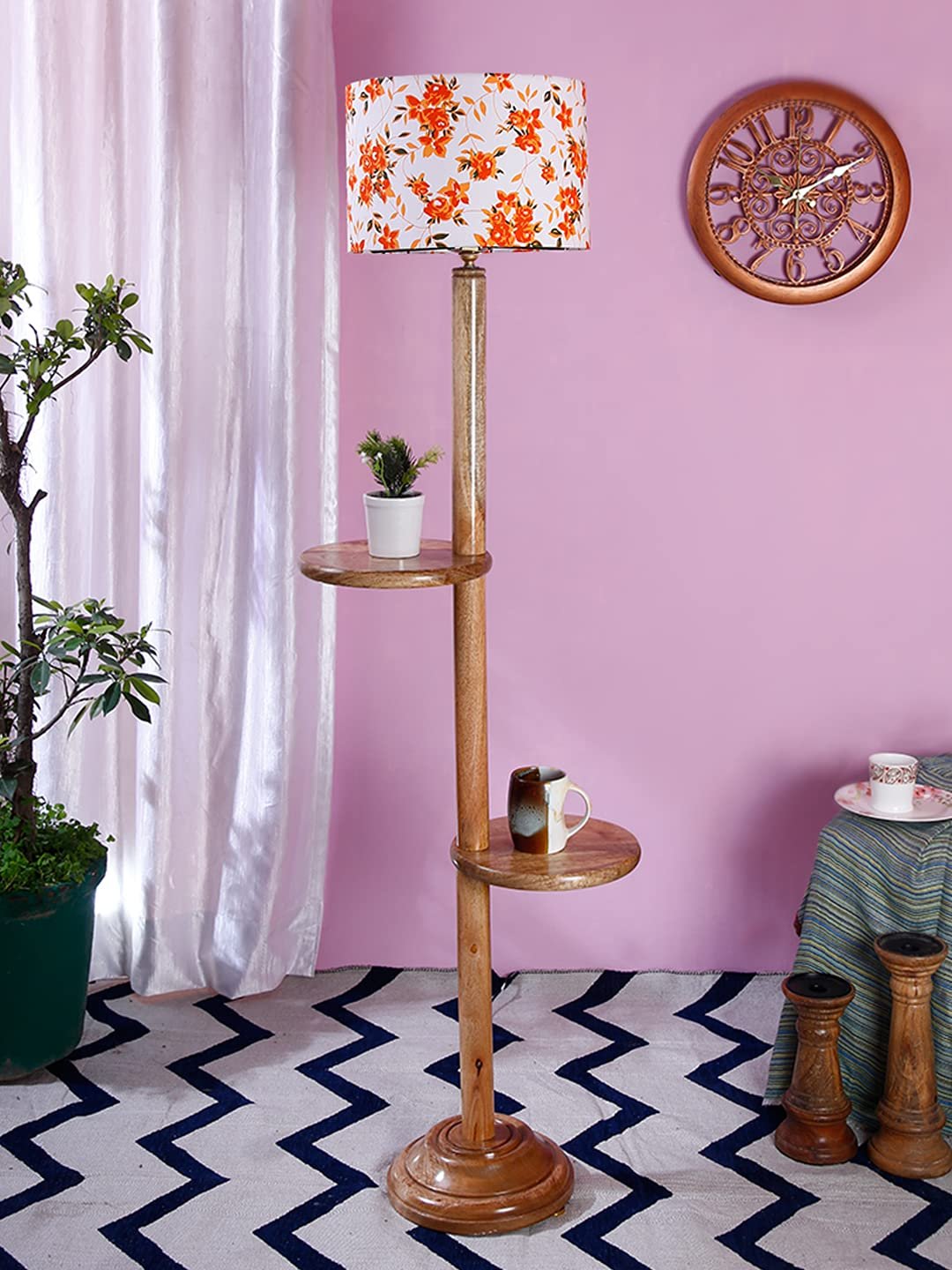 Multicolor Cotton Drum Shade Wood Natural Table Floor lamp -3