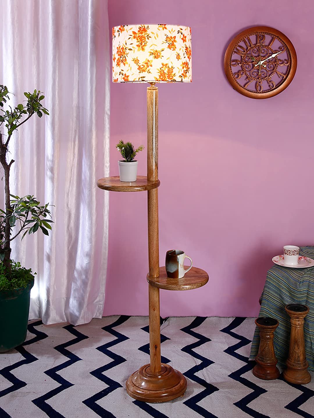 Multicolor Cotton Drum Shade Wood Natural Table Floor lamp -3