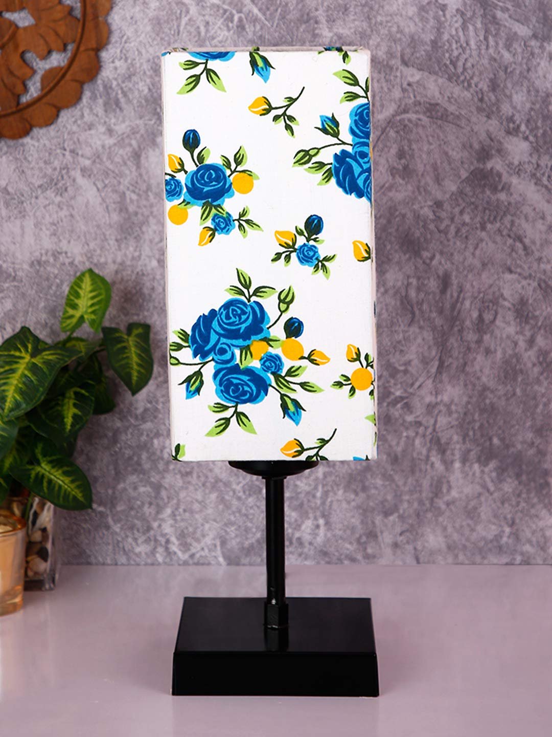 Square Multicolor Cotton Shade Table Lamp with Iron Base