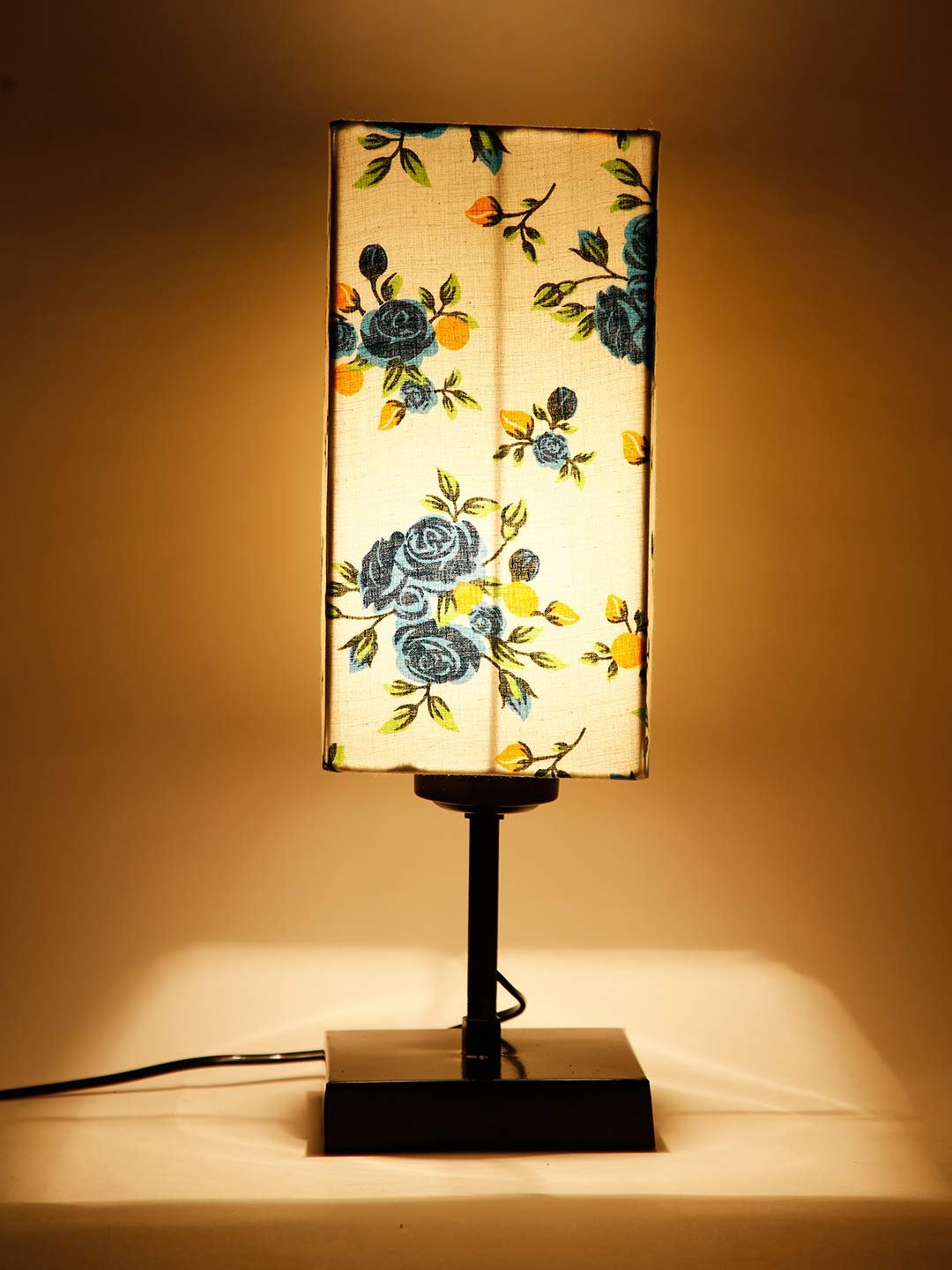 Square Multicolor Cotton Shade Table Lamp with Iron Base