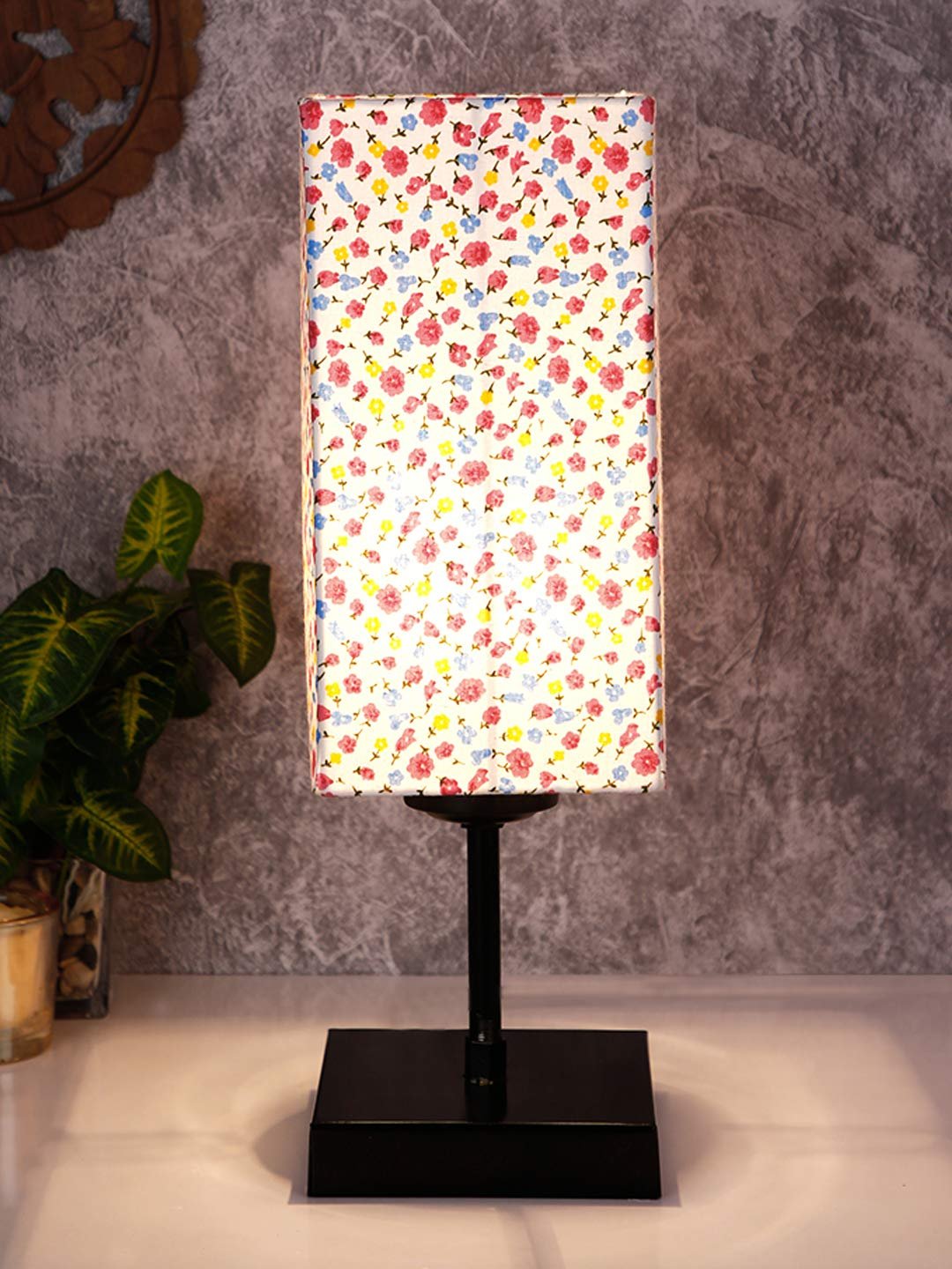 Square Multicolor Cotton Shade Table Lamp with Iron Base