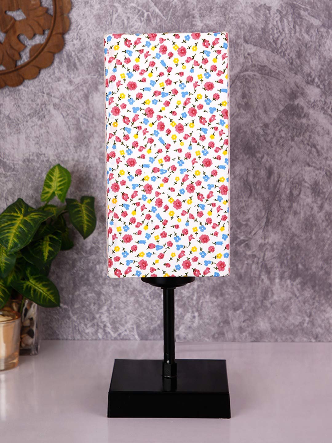 Square Multicolor Cotton Shade Table Lamp with Iron Base