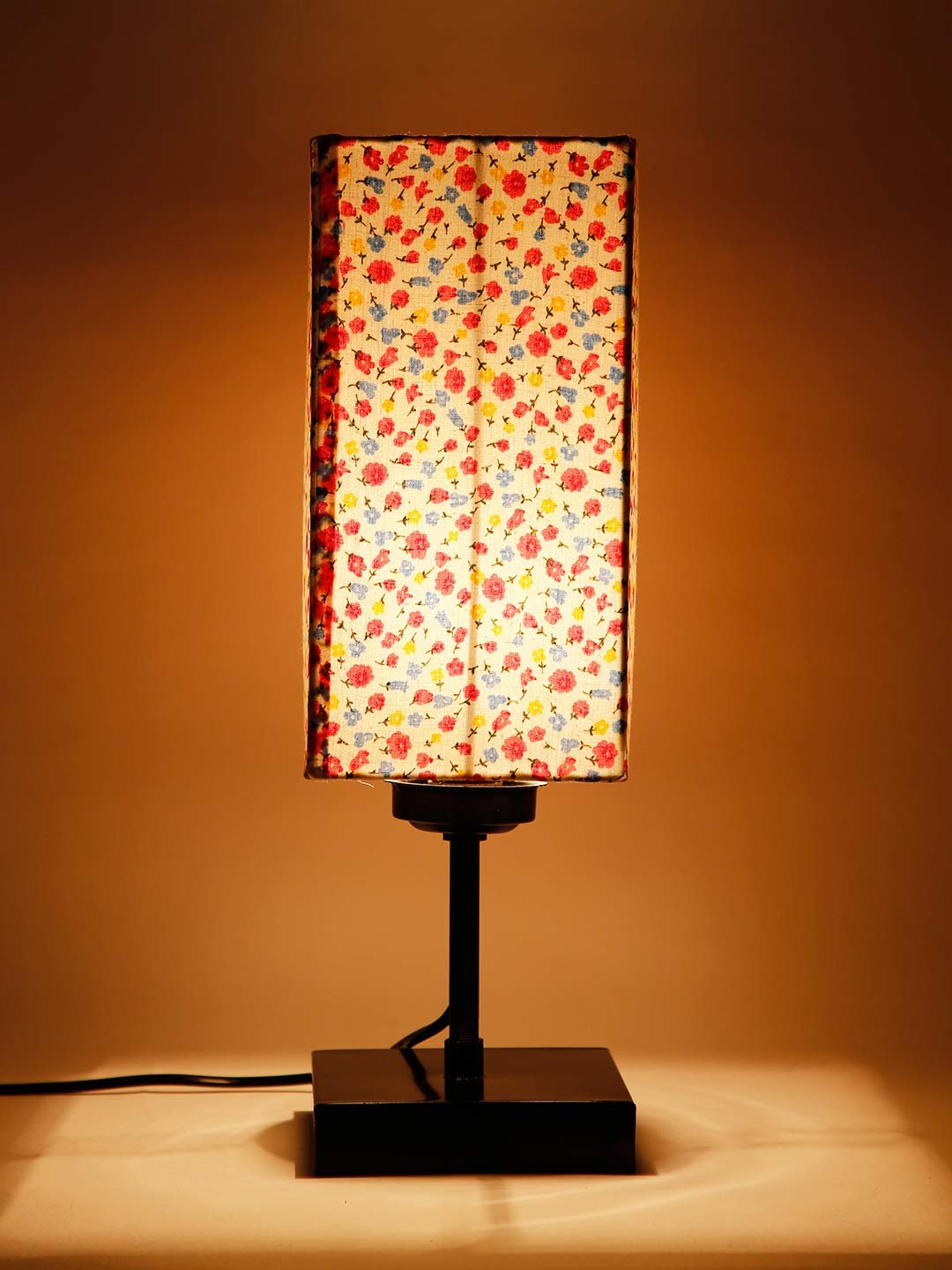 Square Multicolor Cotton Shade Table Lamp with Iron Base