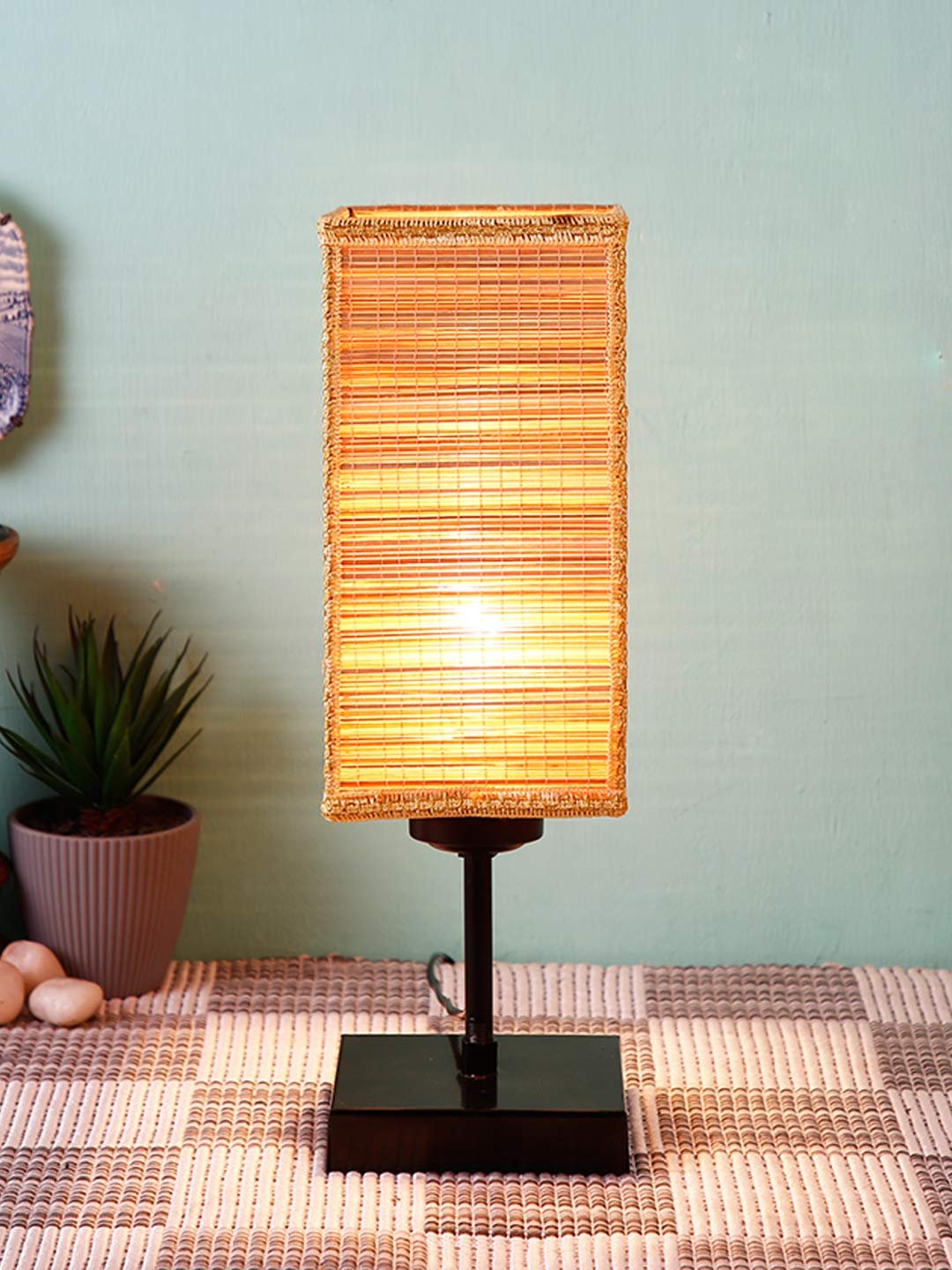 Square Bamboo Shade Table Lamp with Iron Base