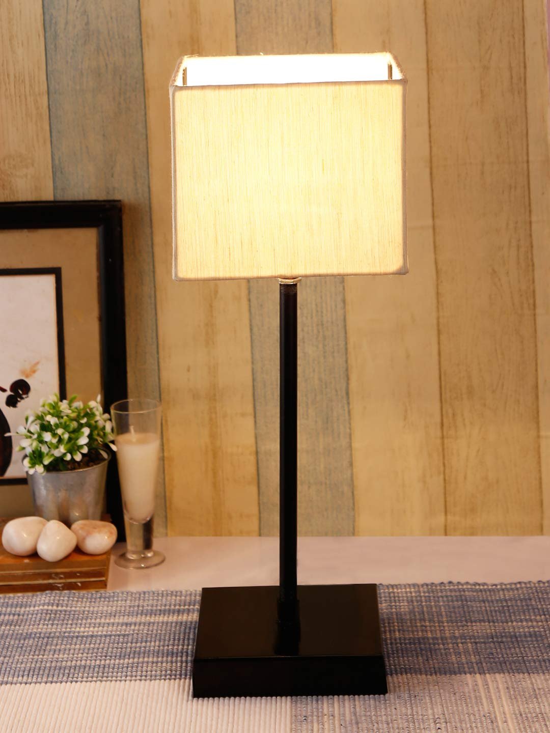 Square Off White Cotton Shade Table Lamp with Iron Base