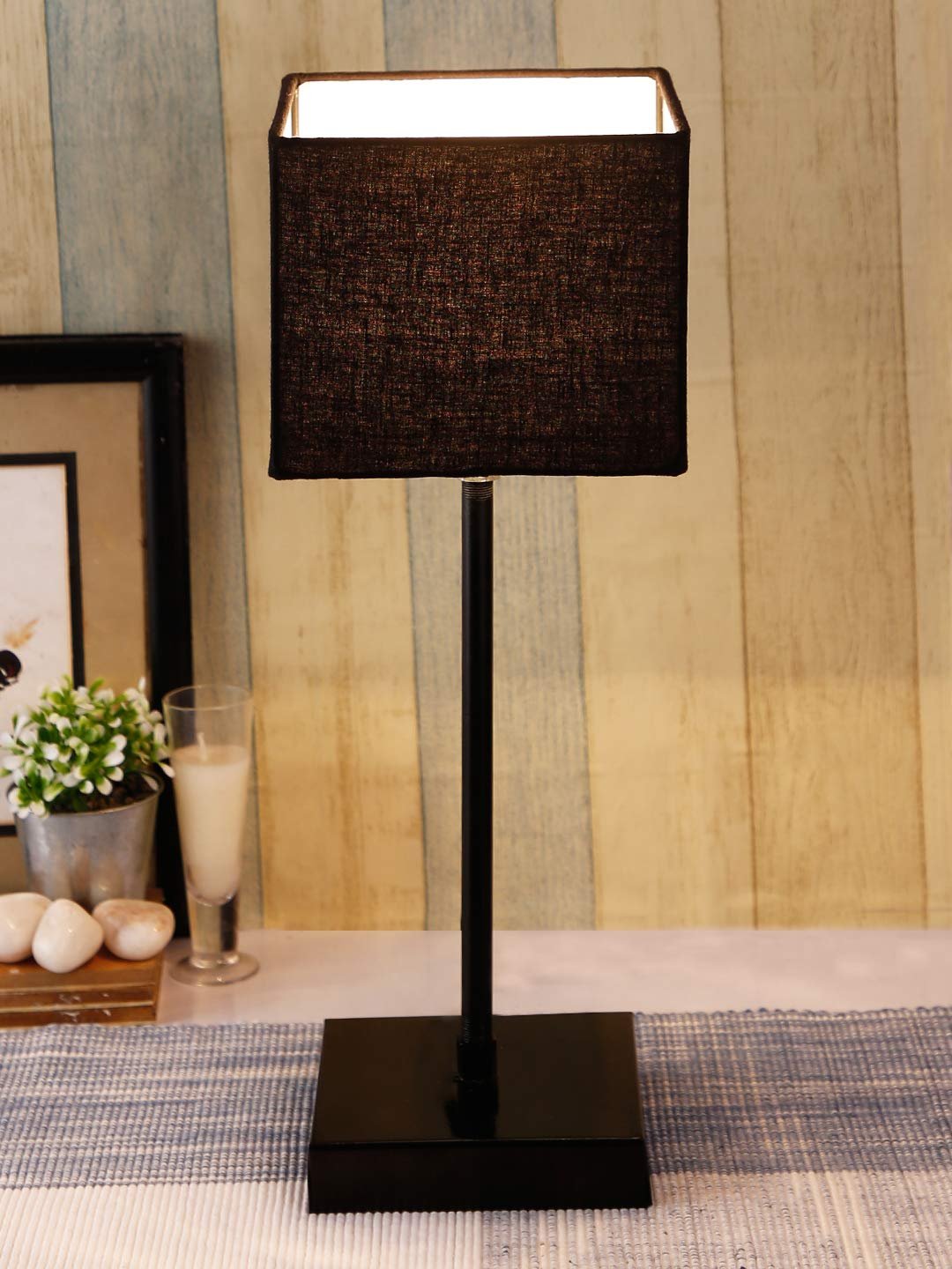 Square Black Cotton Shade Table Lamp with Iron Base