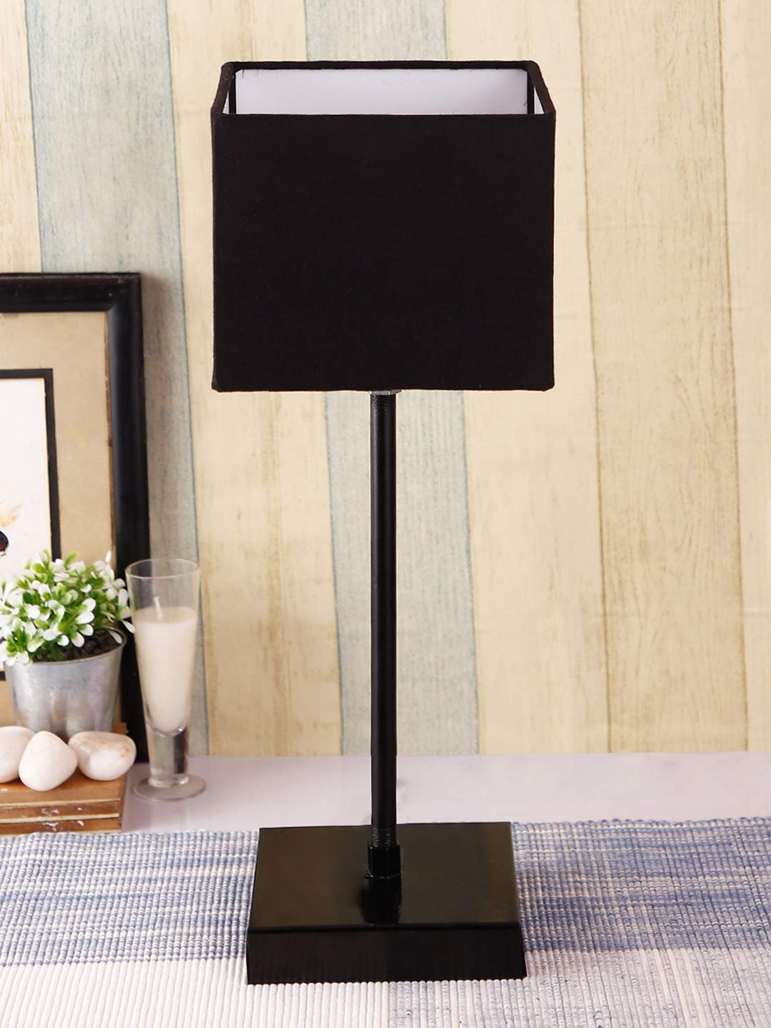 Square Black Cotton Shade Table Lamp with Iron Base