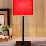 Square Red Cotton Shade Table Lamp with Iron Base