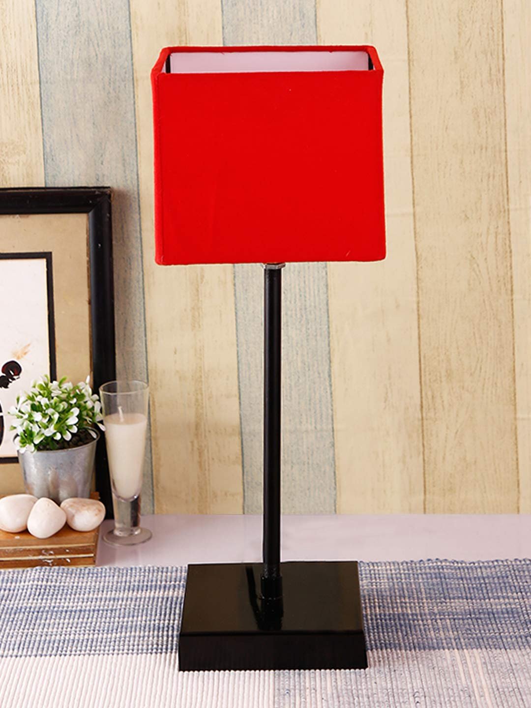 Square Red Cotton Shade Table Lamp with Iron Base
