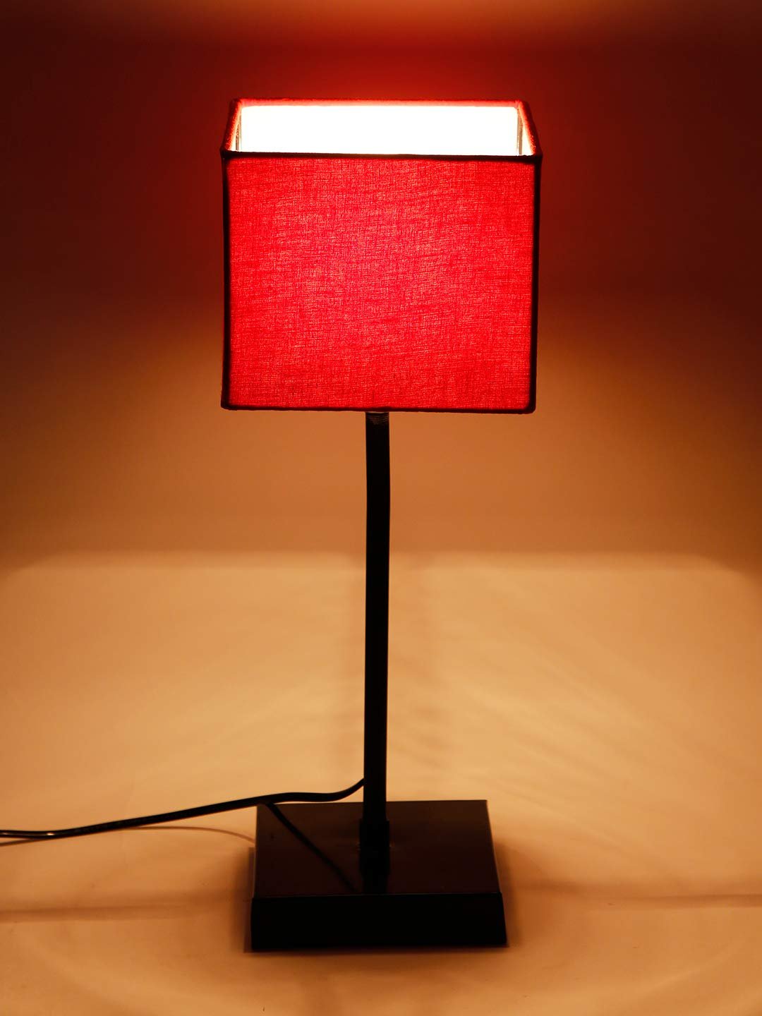 Square Red Cotton Shade Table Lamp with Iron Base