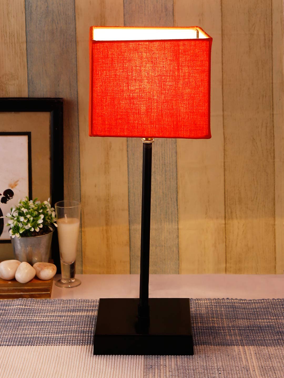 Square Orange Cotton Shade Table Lamp with Iron Base