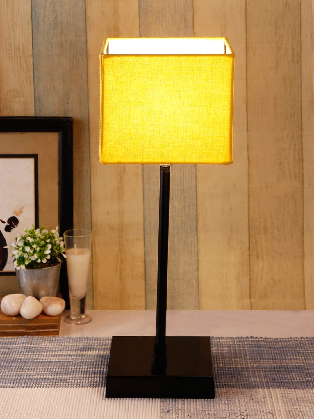 Square Yellow Cotton Shade Table Lamp with Iron Base