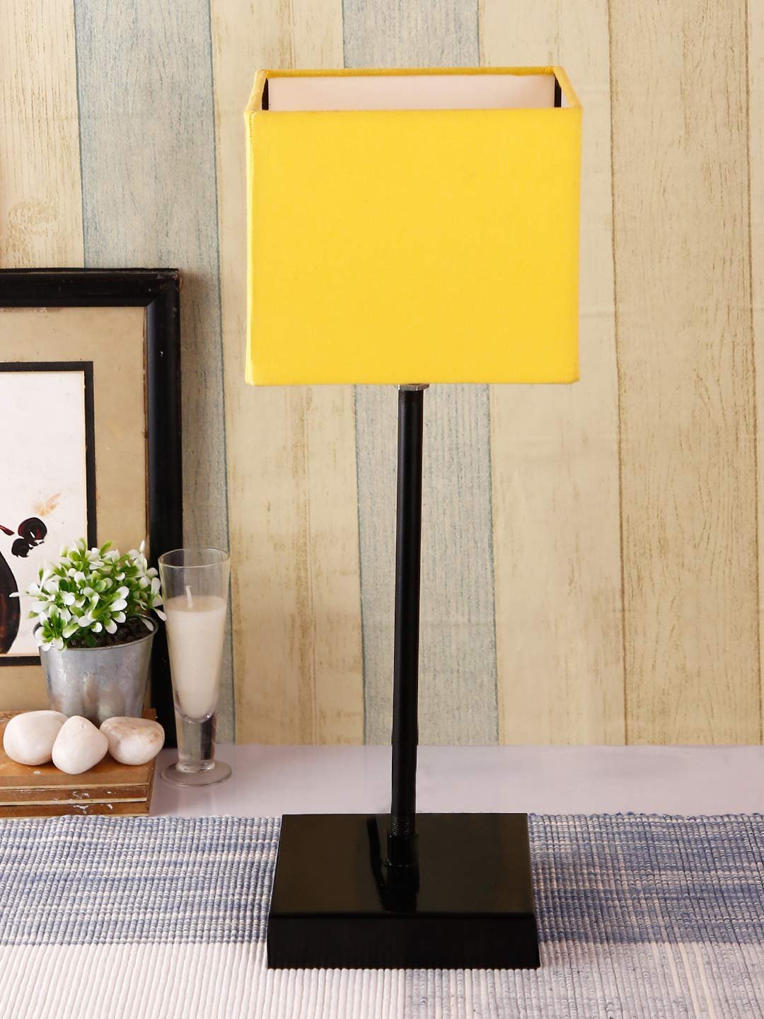 Square Yellow Cotton Shade Table Lamp with Iron Base