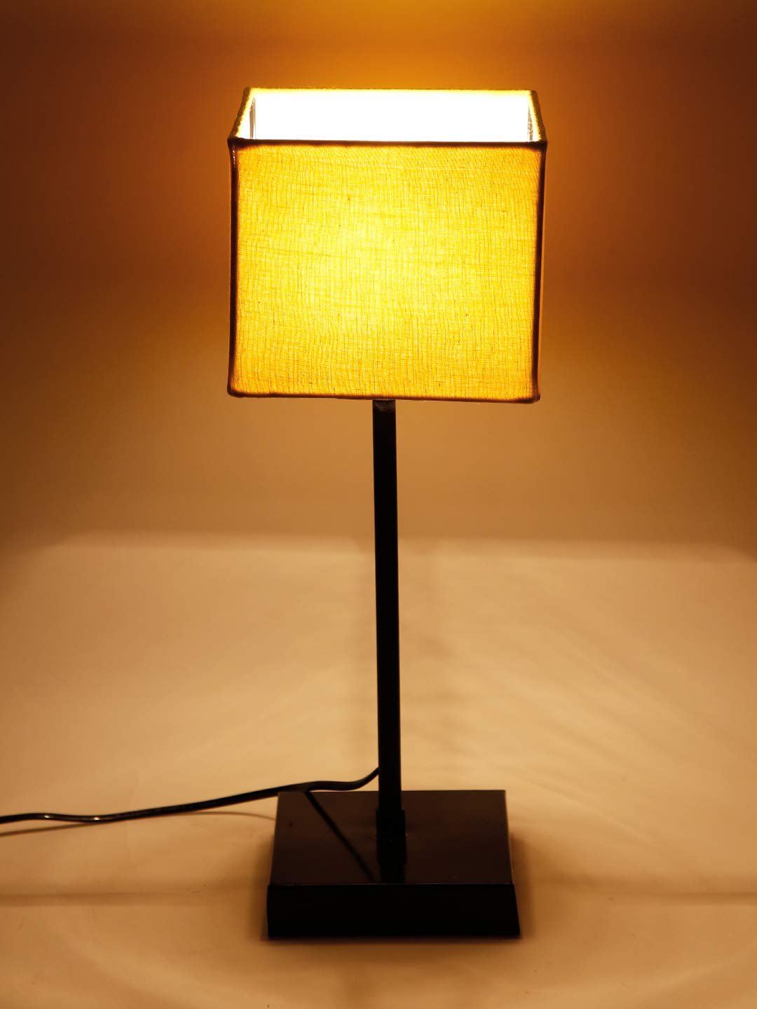 Square Yellow Cotton Shade Table Lamp with Iron Base