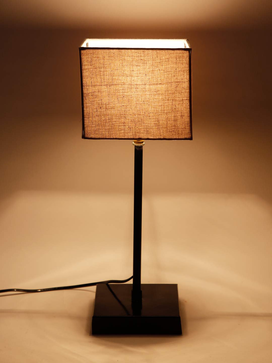 Square Grey Cotton Shade Table Lamp with Iron Base