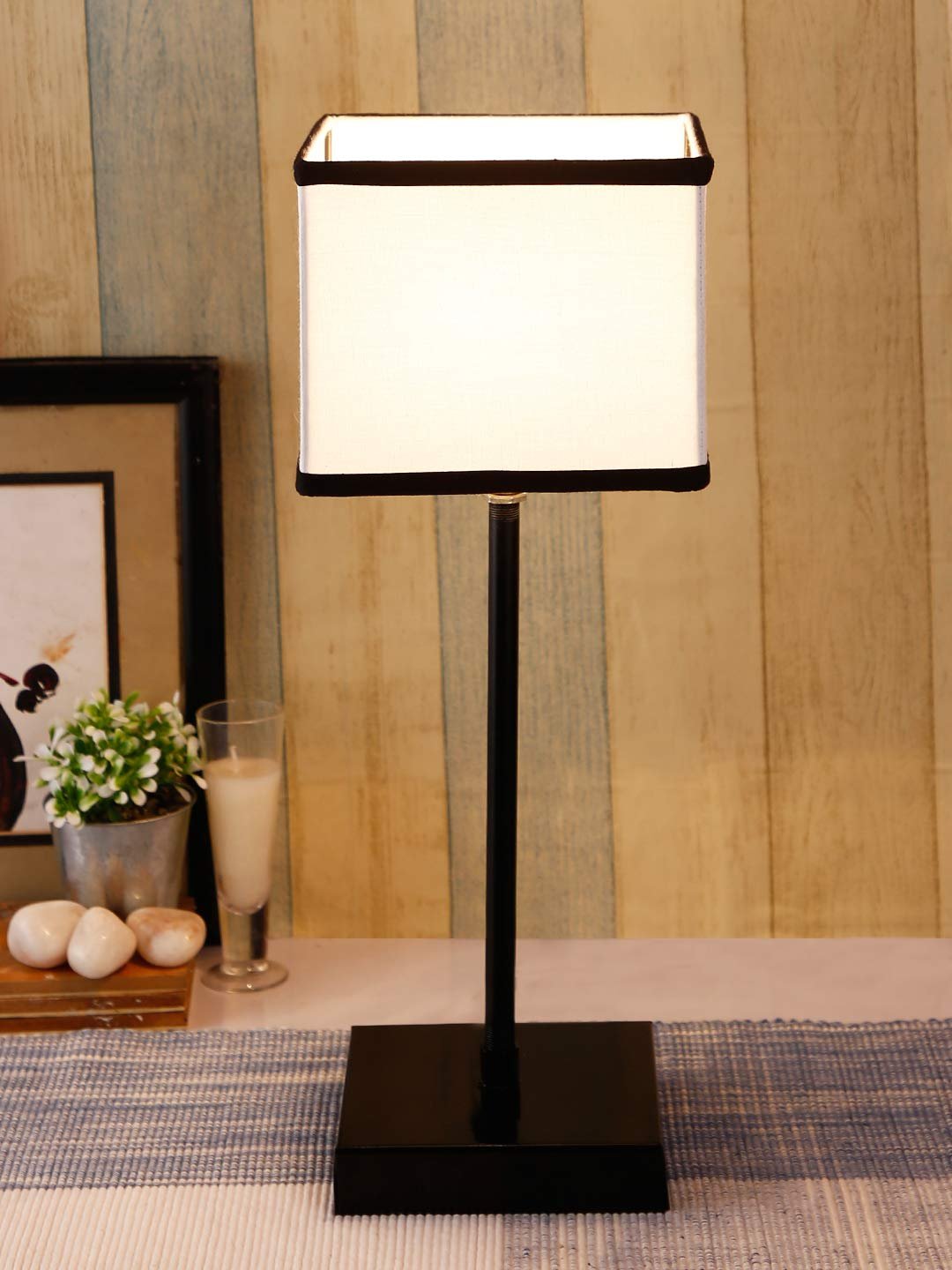 Square Multicolor Cotton Shade Table Lamp with Iron Base