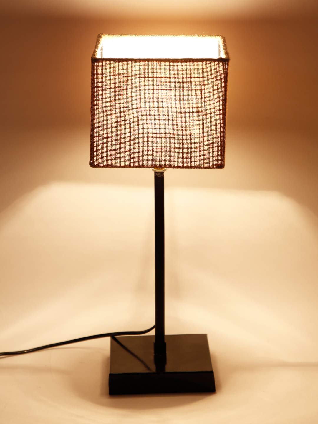 Square Beige Jute Shade Table Lamp with Iron Base