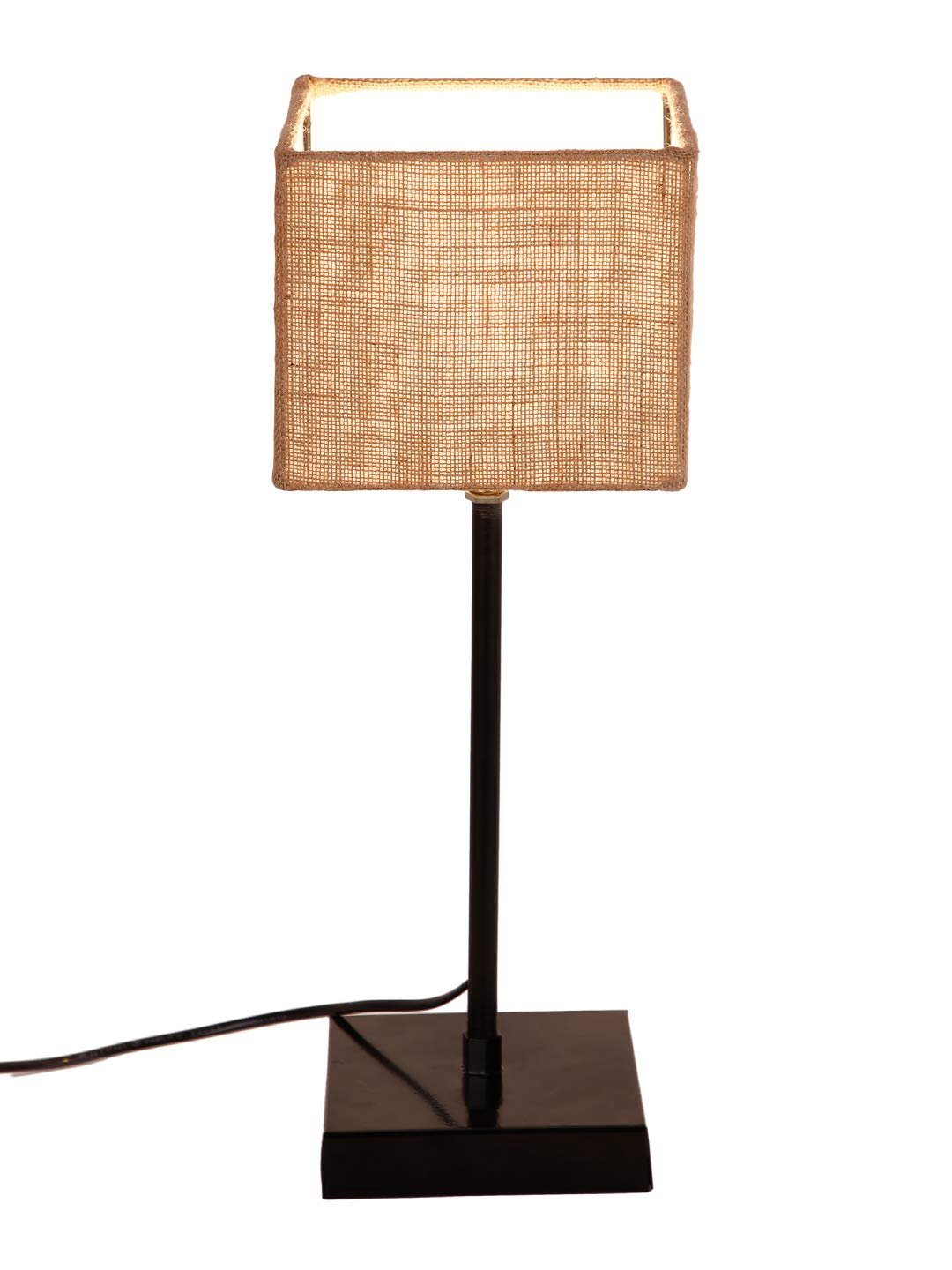 Square Beige Jute Shade Table Lamp with Iron Base