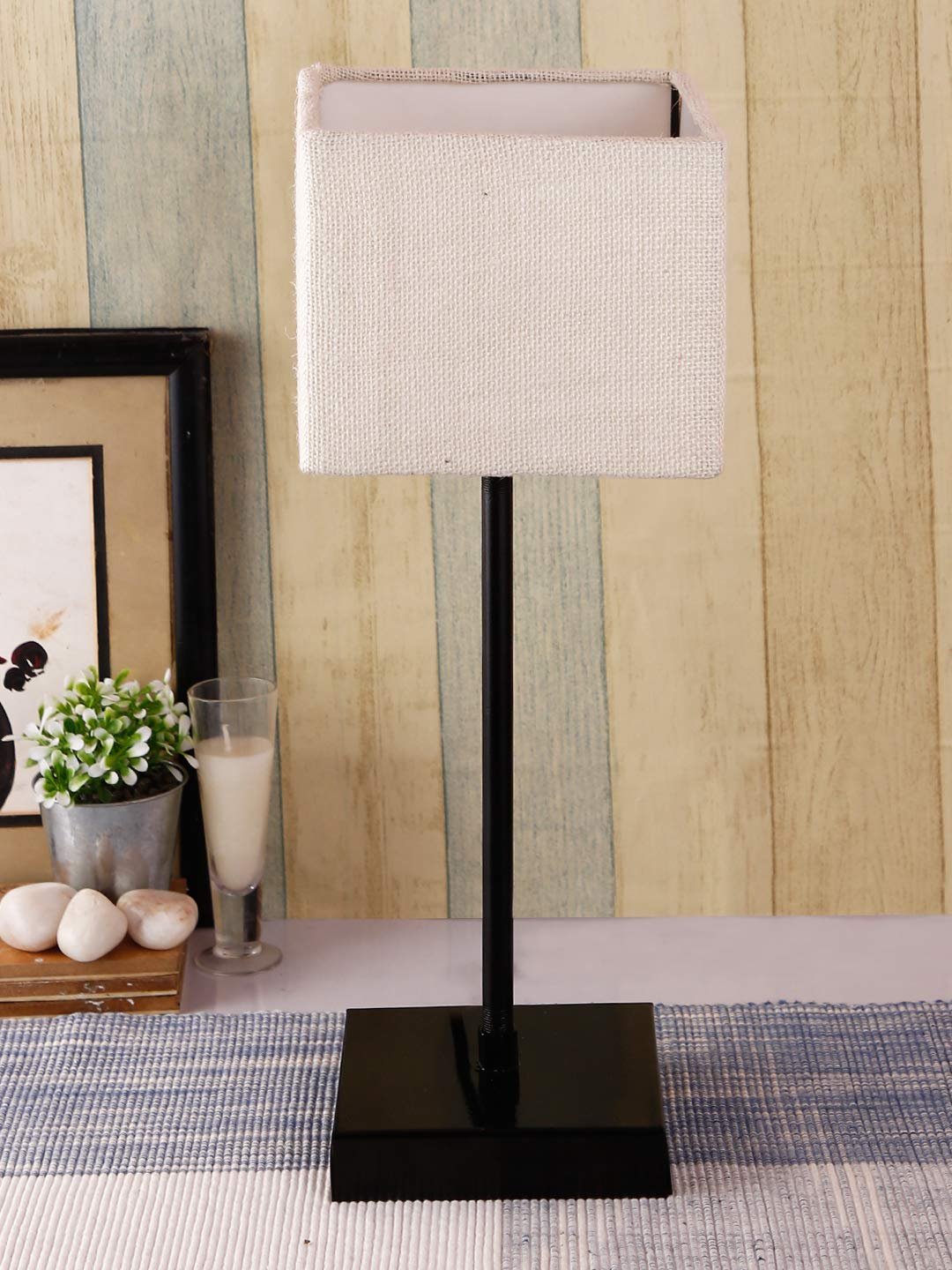 Square White Jute Shade Table Lamp with Iron Base