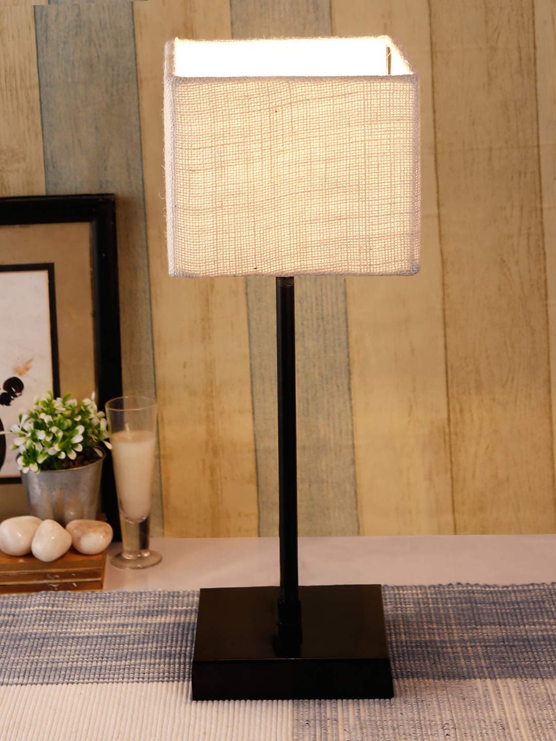 Square White Jute Shade Table Lamp with Iron Base