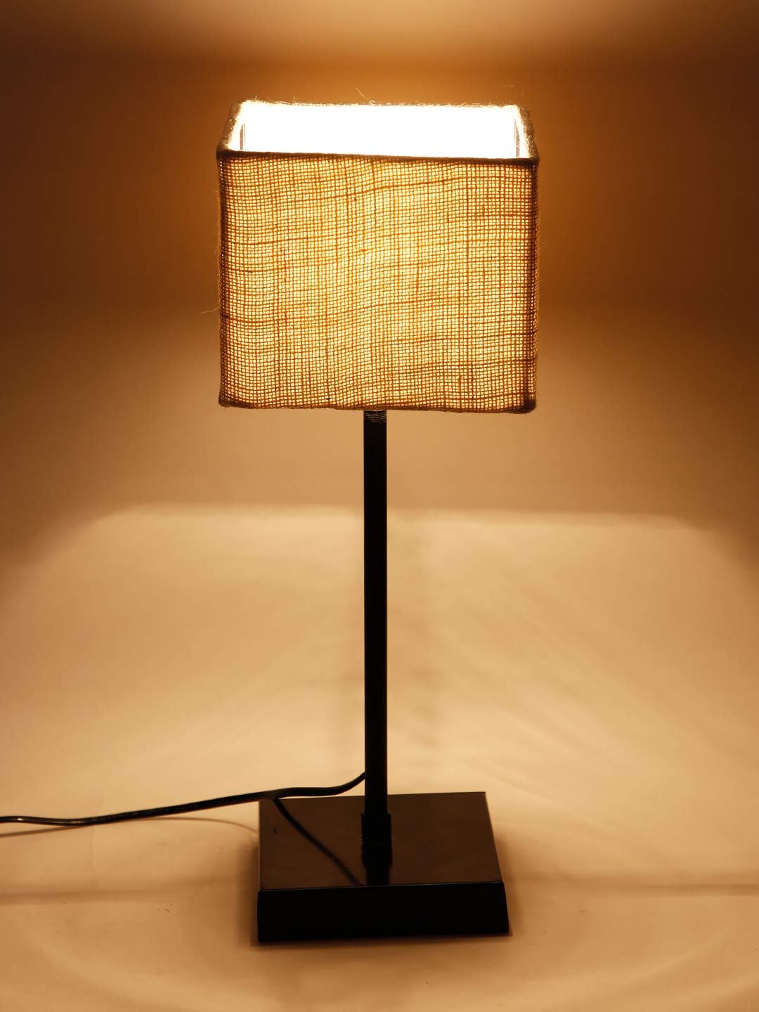 Square White Jute Shade Table Lamp with Iron Base