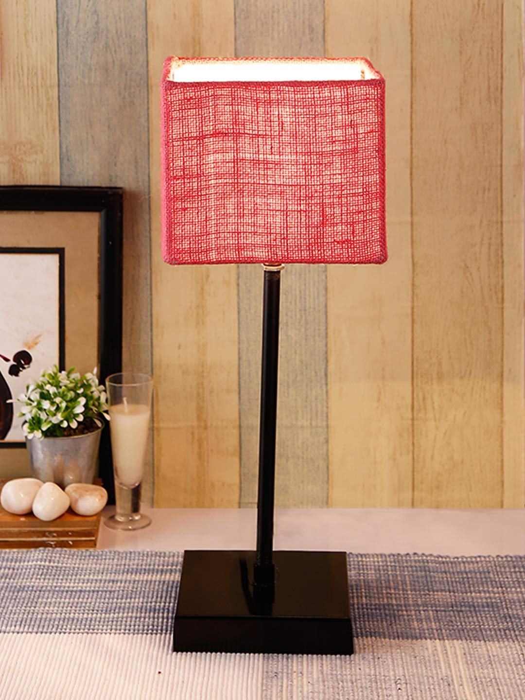 Square Pink Jute Shade Table Lamp with Iron Base