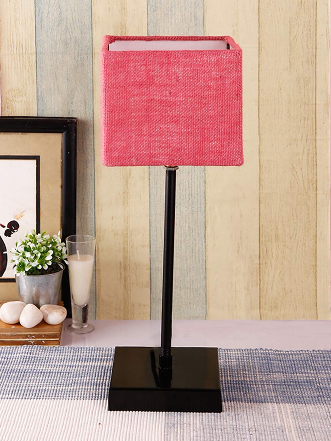 Square Pink Jute Shade Table Lamp with Iron Base