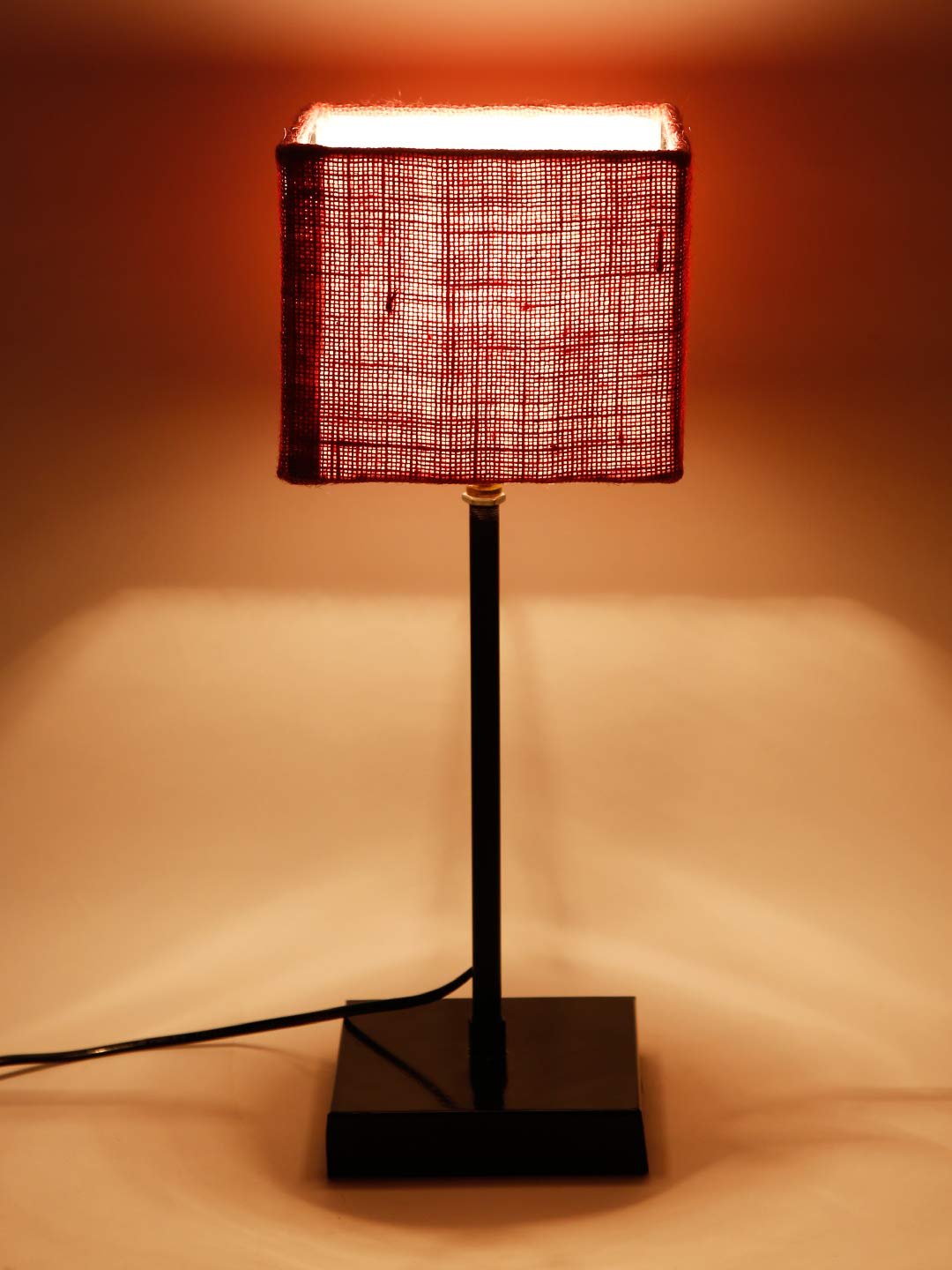 Square Pink Jute Shade Table Lamp with Iron Base