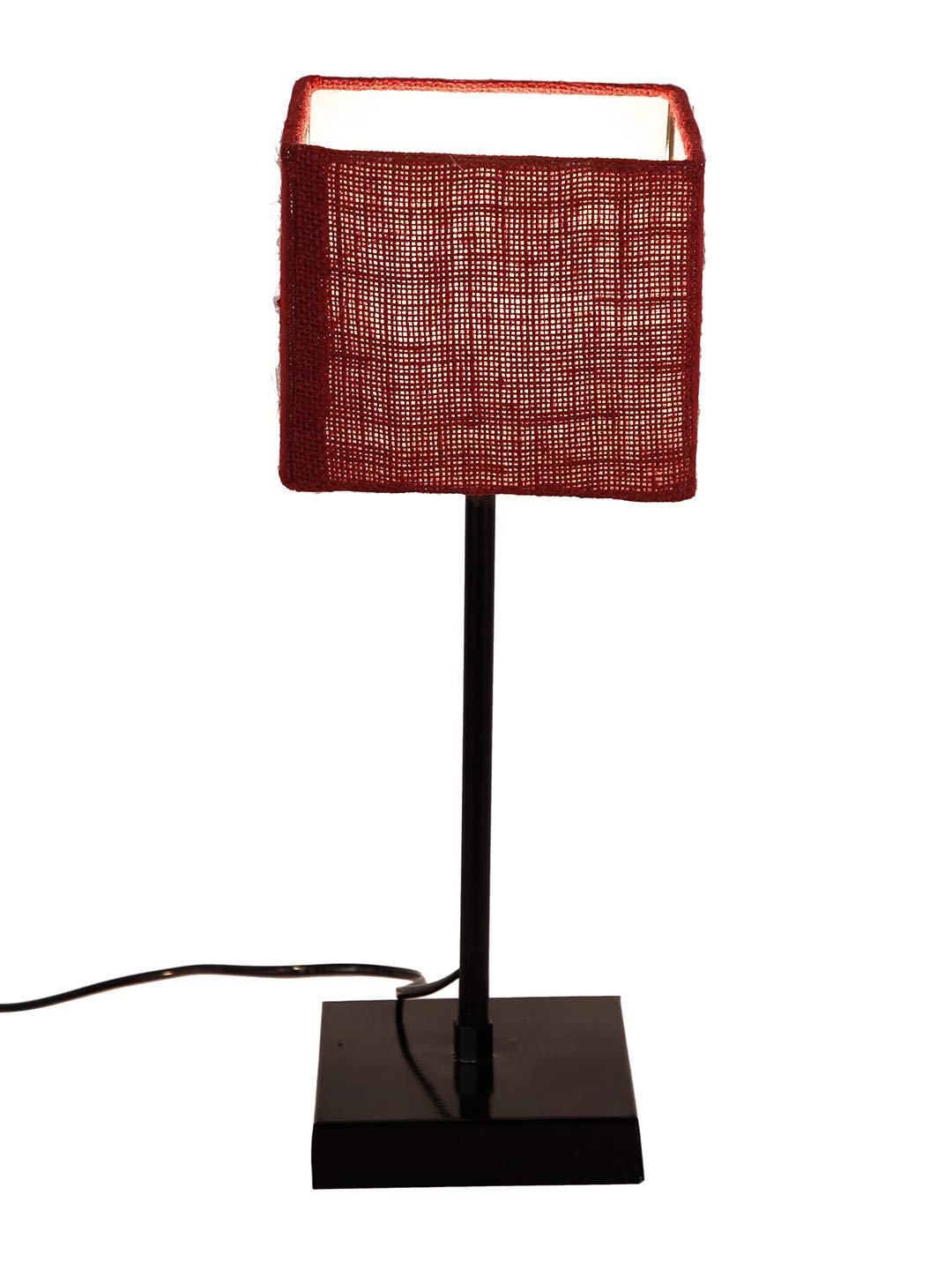 Square Maroon Jute Shade Table Lamp with Iron Base