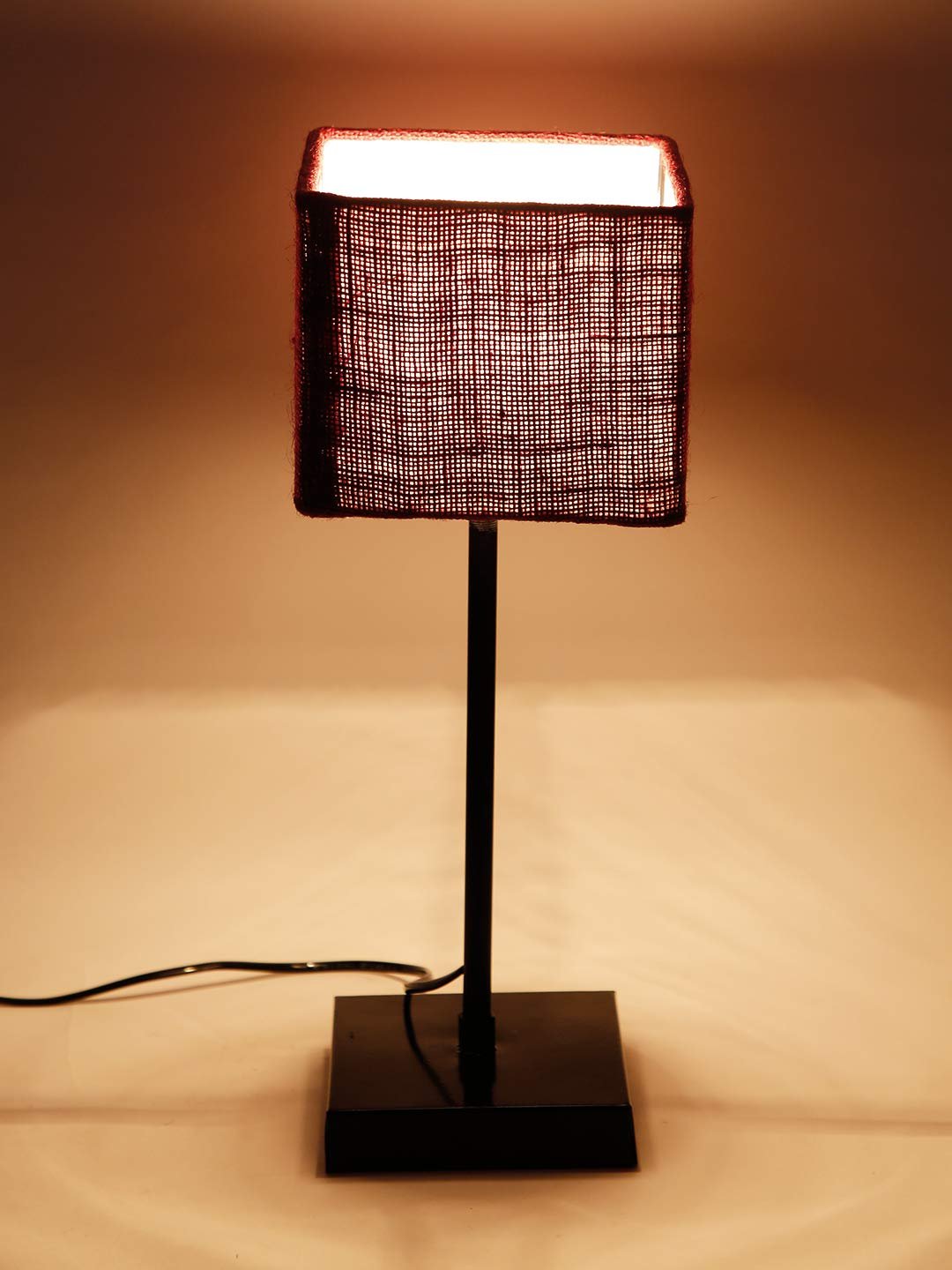 Square Maroon Jute Shade Table Lamp with Iron Base
